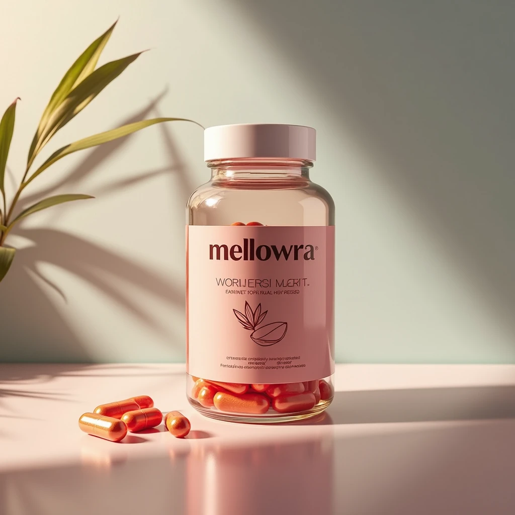 Mellowra dietary supplement bottle on a vibrant gradient background